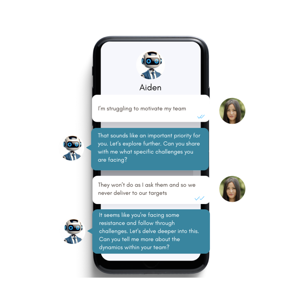 Aiden AI leadership coach interacting in a supportive conversation on a smartphone.